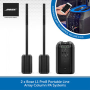 Two Bose L1 Pro8 Portable Line Array Column PA Systems on a white background with Bose logo.