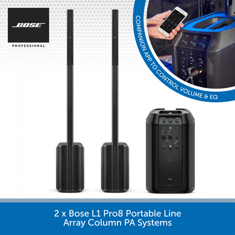 Two Bose L1 Pro8 Portable Line Array Column PA Systems on a white background with Bose logo.
