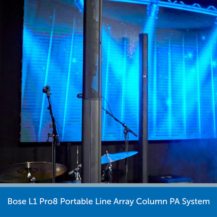 Bose L1 Pro8 Portable Line Array Column PA System in a performance setting with blue lighting.