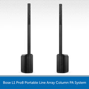 Two black Bose L1 Pro8 Portable Line Array Column PA System speakers on a white background.