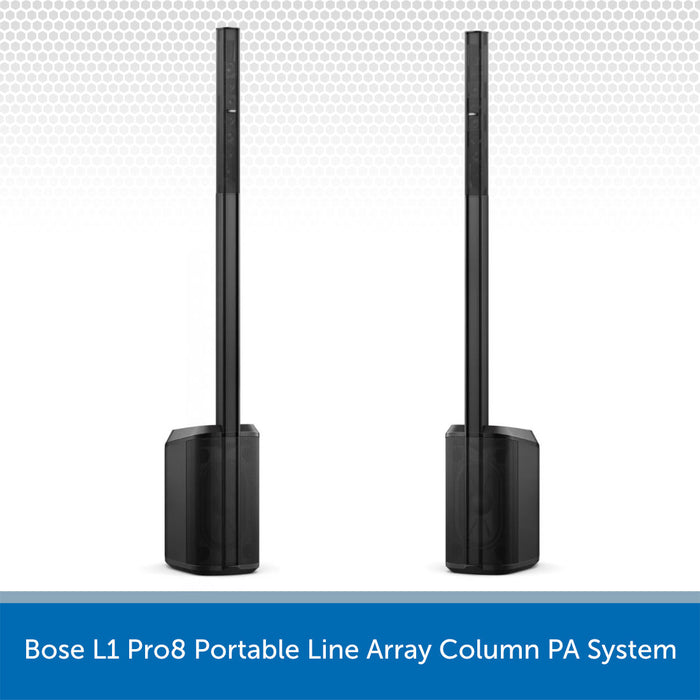Two black Bose L1 Pro8 Portable Line Array Column PA System speakers on a white background.