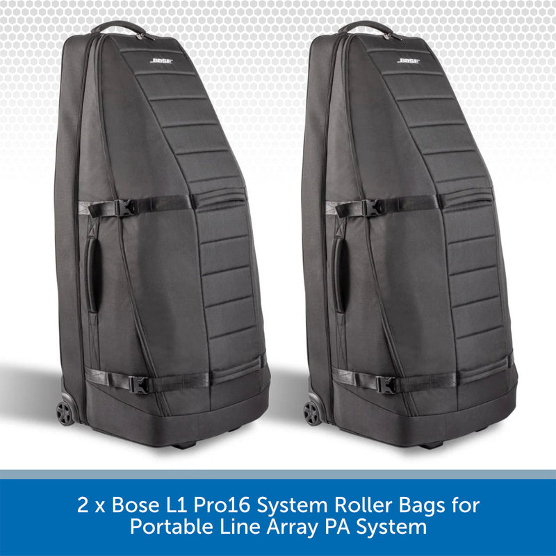 Two Bose L1 Pro16 System Roller Bags on a light gray background with a blue banner at the bottom.
