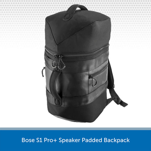 Black backpack with zippers on a white background, labeled 'Bose S1 Pro+ Speaker Padded Backpack'.