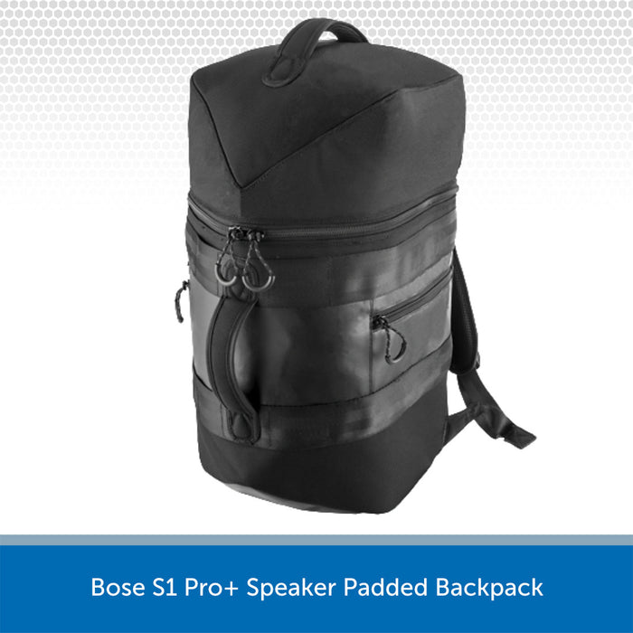 Black backpack with zippers on a white background, labeled 'Bose S1 Pro+ Speaker Padded Backpack'.