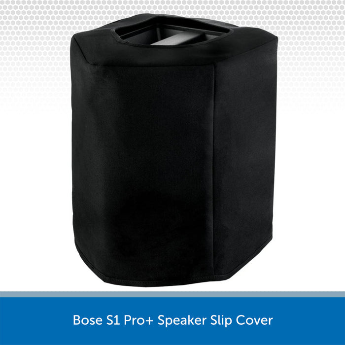 Black slip cover for Bose S1 Pro+ speaker on a white background