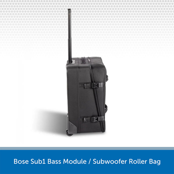 Black subwoofer roller bag with Bose Sub1 Bass Module on a light gray background