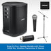 Bose S1 Pro+ speaker with Shure SM58 mic, wireless transmitter, and stand on a white background.