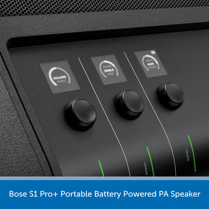 Control panel of a Bose S1 Pro+ Portable Battery Powered PA Speaker with volume and tone controls.