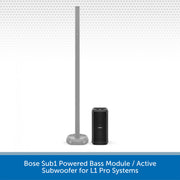 Bose Sub1 Powered Bass Module and Active Subwoofer on a white background with text.