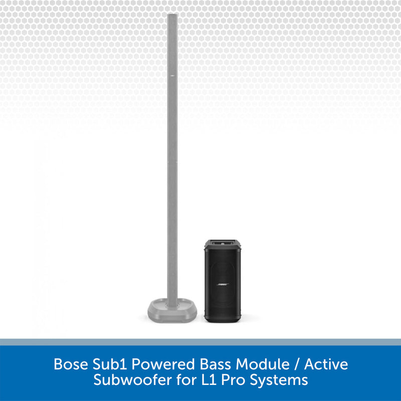 Bose Sub1 Powered Bass Module and Active Subwoofer on a white background with text.