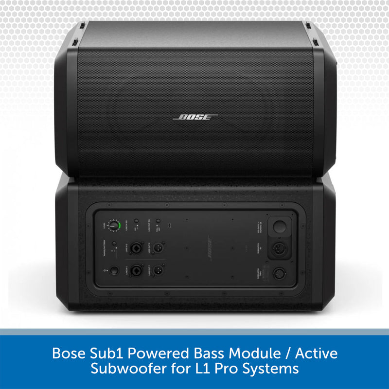 Bose Sub1 Powered Bass Module and Active Subwoofer on a light gray background