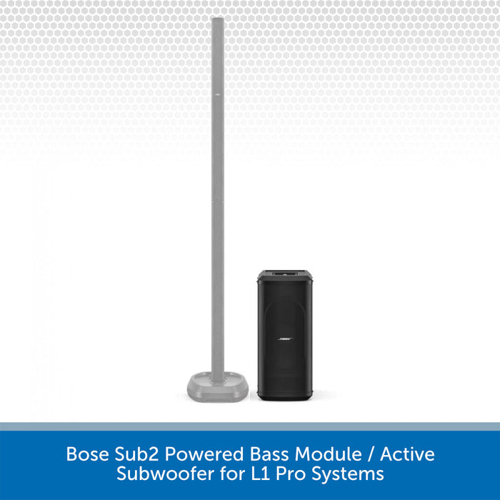Bose Sub2 Powered Bass Module and Active Subwoofer on a white background with text.