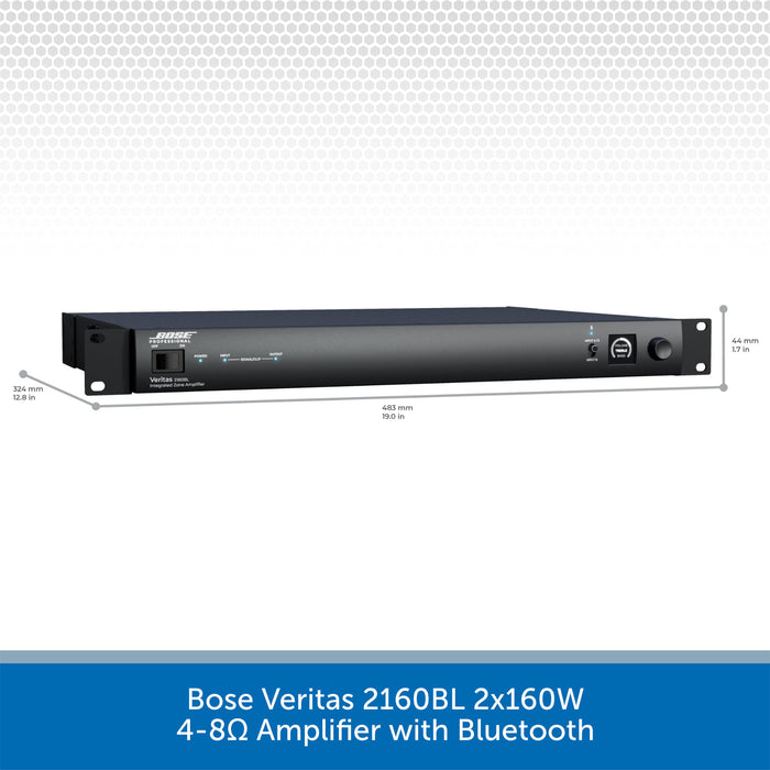 Bose Veritas 2160BL amplifier with dimensions on a white background