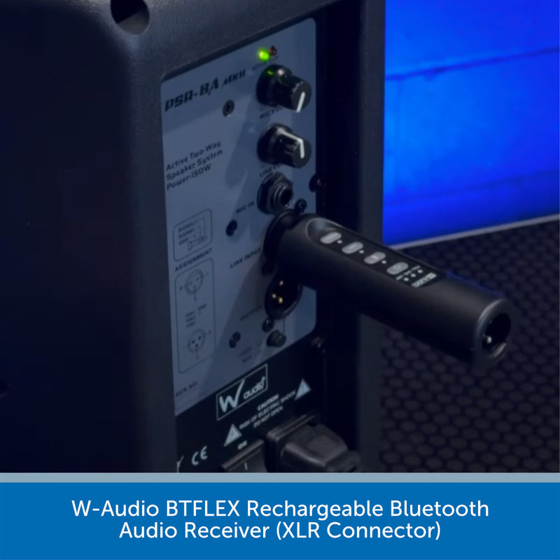 W-Audio BTFLEX rechargeable Bluetooth audio receiver with XLR connector attached to a speaker.