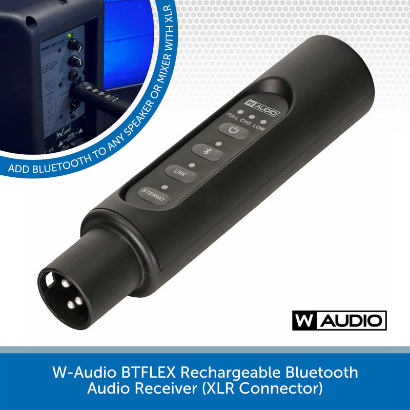 W-Audio BTFLEX rechargeable Bluetooth audio receiver with XLR connector on a white background.