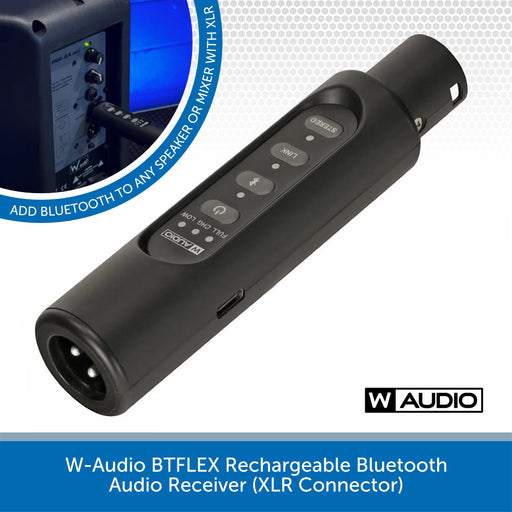 W-Audio BTFLEX rechargeable Bluetooth audio receiver with XLR connector on a white background.