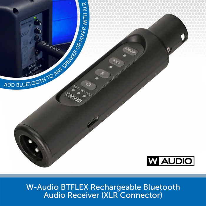 W-Audio BTFLEX rechargeable Bluetooth audio receiver with XLR connector on a white background.