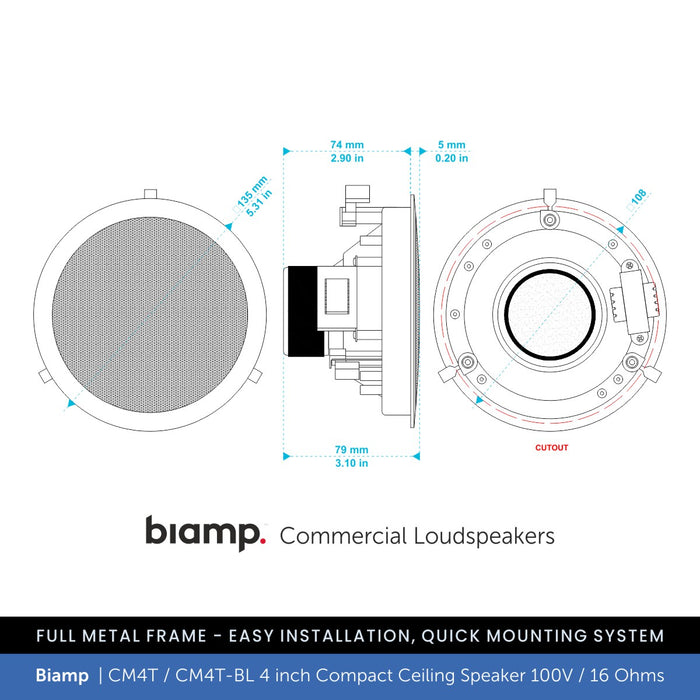 Biamp CM4T / CM4T-BL 4" Compact Ceiling Speaker 100V/16 Ohms