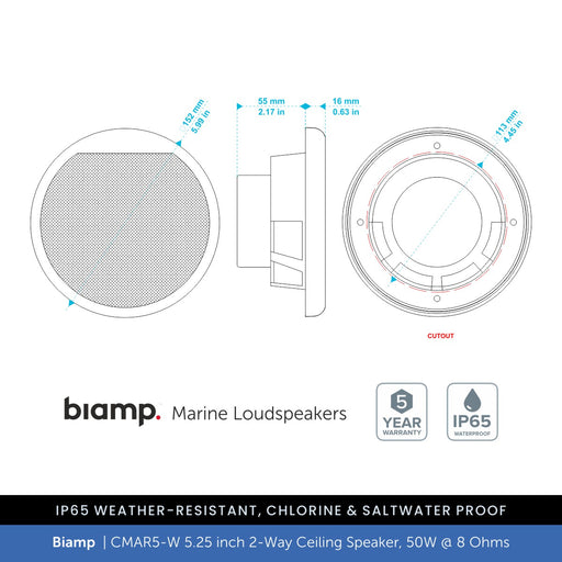 Biamp CMAR5-W 5.25" 2-Way IP65 Waterproof Ceiling Speaker, 50W @ 8 Ohms (Single)