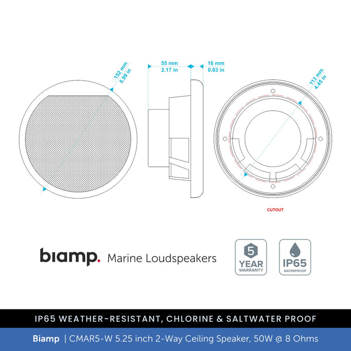 Biamp CMAR5-W 5.25" 2-Way IP65 Waterproof Ceiling Speaker, 50W @ 8 Ohms (Single)