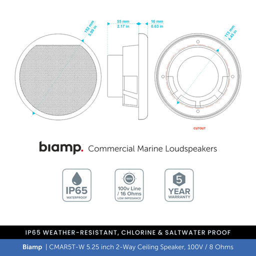 Biamp CMAR5T-W 5.25" 2-Way IP65 Waterproof Ceiling Speaker, 100V/8 Ohms (Single)