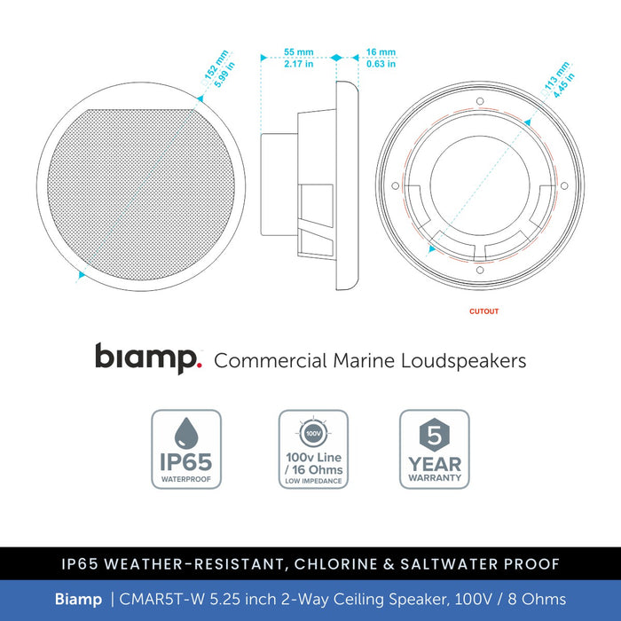 Biamp CMAR5T-W 5.25" 2-Way IP65 Waterproof Ceiling Speaker, 100V/8 Ohms (Single)