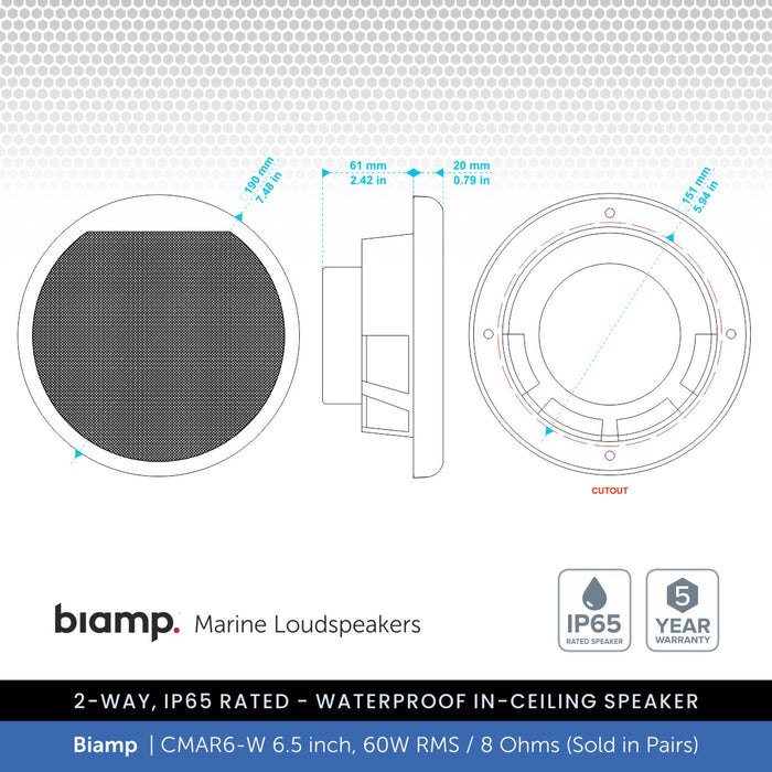 Biamp CMAR6-W 6.5" 2-Way IP65 Waterproof Ceiling Speaker, 60W @ 8 Ohms (Pair)