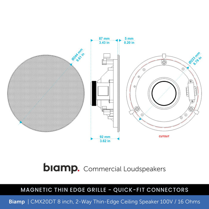 Biamp CMX20DT 8" 2-Way Thin-Edge Ceiling Speaker 100V / 16 Ohms