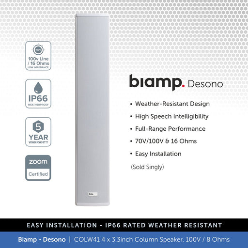 Biamp Desono COLW41 4x3.3" Column Speaker, 100V/8 Ohms, IP66 Weather Resistant (Single)