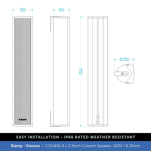 Biamp Desono COLW41 4x3.3" Column Speaker, 100V/8 Ohms, IP66 Weather Resistant (Single)