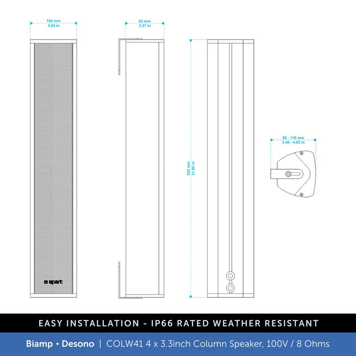 Biamp Desono COLW41 4x3.3" Column Speaker, 100V/8 Ohms, IP66 Weather Resistant (Single)