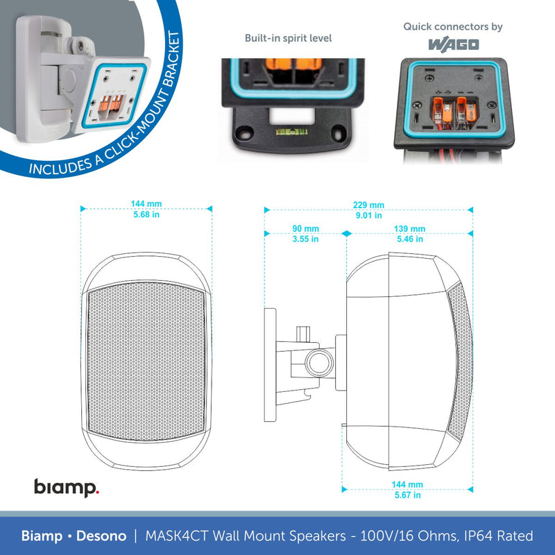 Biamp Desono MASK4CT-BL / MASK4CT-W 4.25" Wall Mount Speaker, 100V/16 Ohms, IP64 Rated (Single)