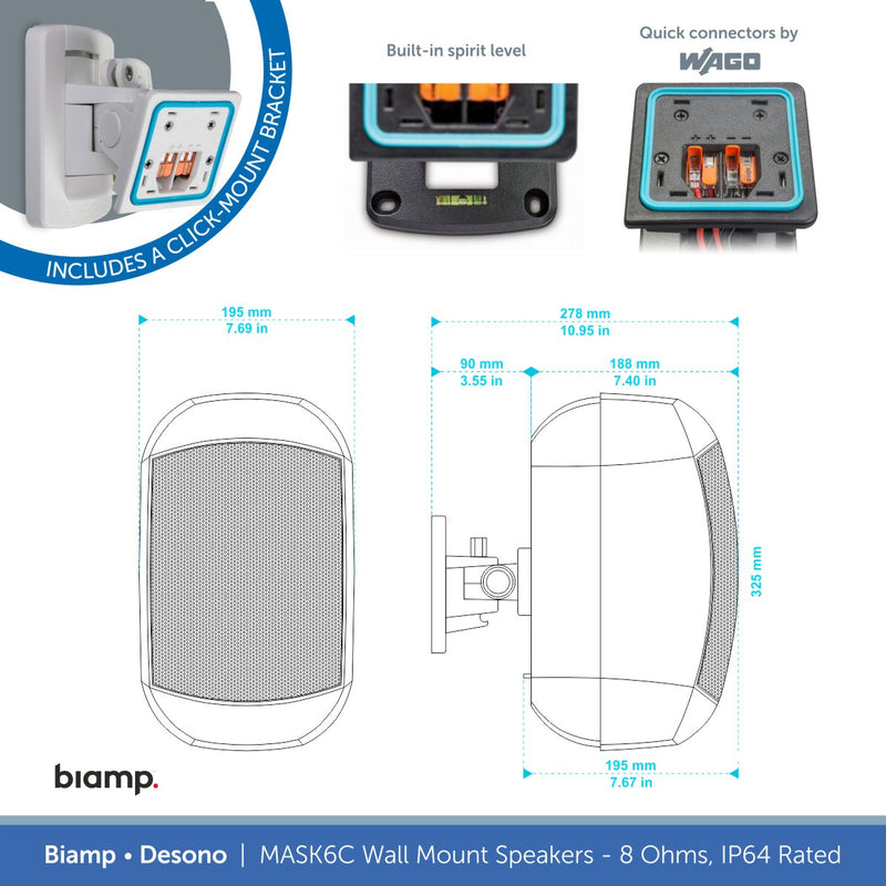 Biamp Desono MASK6C-BL / MASK6C-W 6.5" Wall Mount Speaker, 8 Ohms, IP64 Rated (Single)