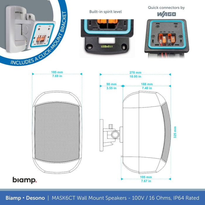 Biamp Desono MASK6CT-BL / MASK6CT-W 6.5" Wall Mount Speaker, 100V/16 Ohms, IP64 Rated (Single)