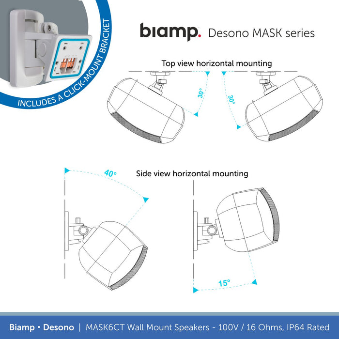 Biamp Desono MASK6CT-BL / MASK6CT-W 6.5" Wall Mount Speaker, 100V/16 Ohms, IP64 Rated (Single)