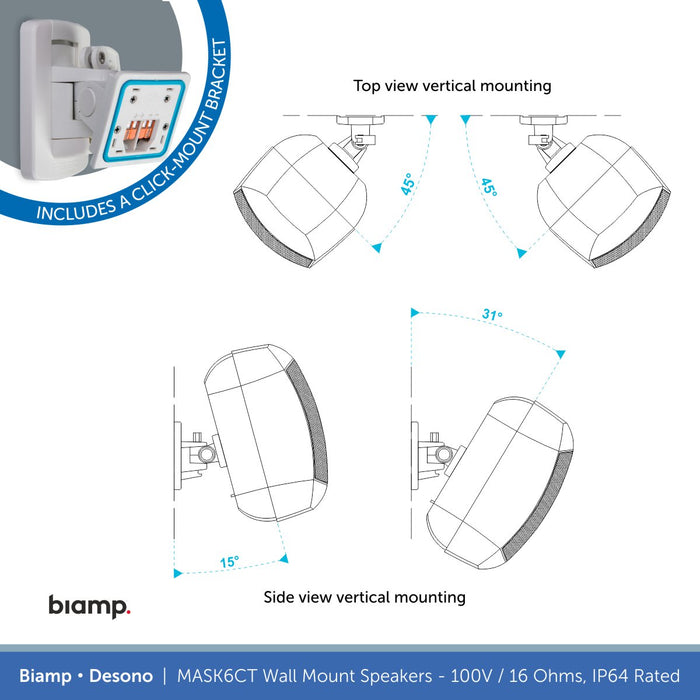 Biamp Desono MASK6CT-BL / MASK6CT-W 6.5" Wall Mount Speaker, 100V/16 Ohms, IP64 Rated (Single)