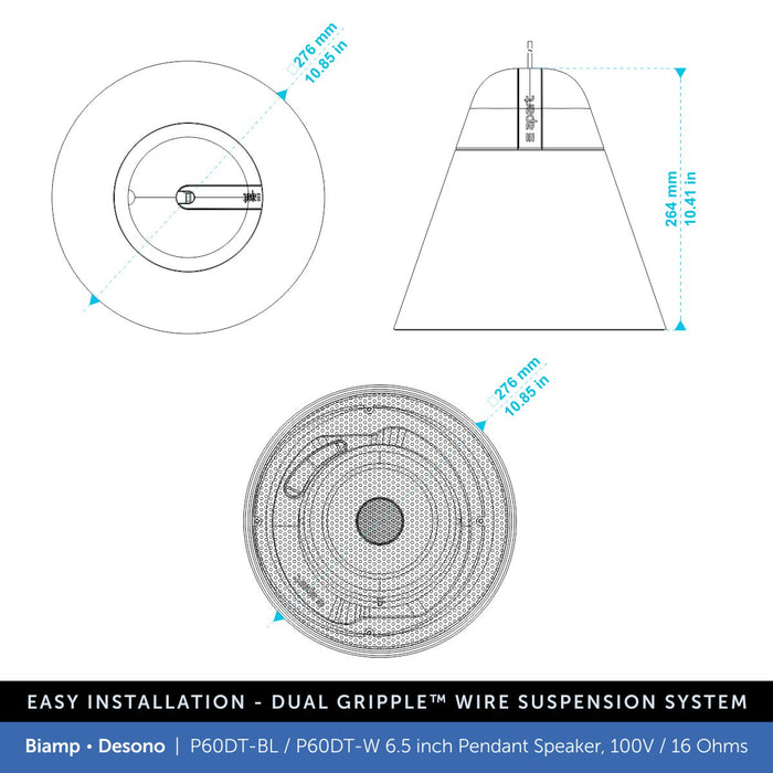 Biamp Desono P60DT-BL / P60DT-W 6.5" Pendant Speaker, 100V/16 Ohms (Single)