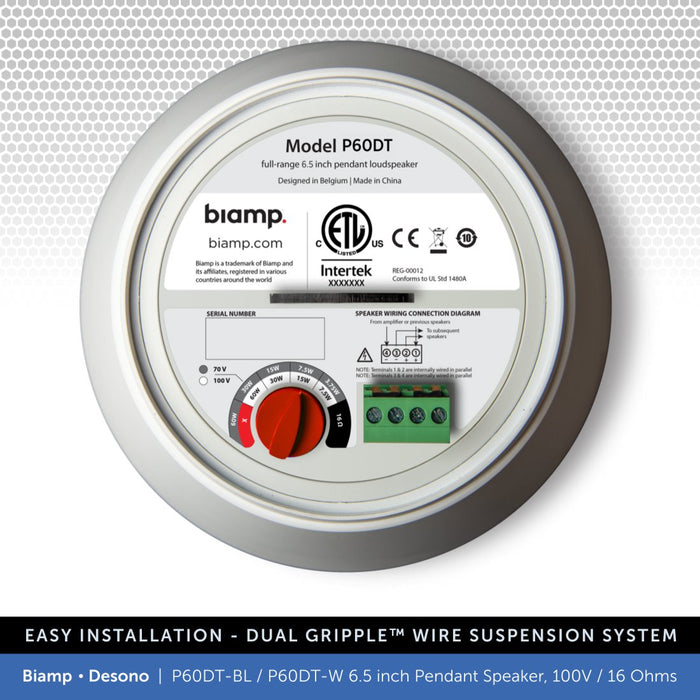 Biamp Desono P60DT-BL / P60DT-W 6.5" Pendant Speaker, 100V/16 Ohms (Single)