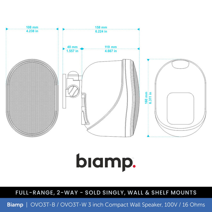 Biamp OVO3T-B / OVO3T-W 3" Compact Wall Mount Speaker, 100V / 16 Ohms