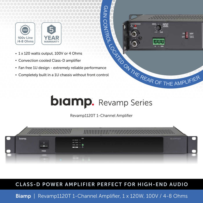Biamp Revamp1120T 1-Channel Power Amplifier, 1 x 120W, 100V / 4-8 Ohms