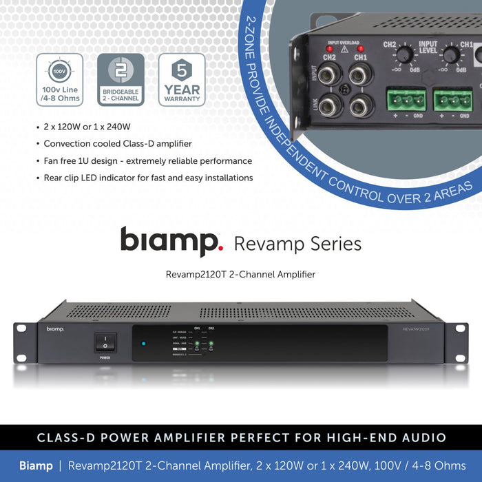 Biamp Revamp2120T 2-Channel Power Amplifier, 2 x 120W or 1 x 240W, 100V / 4-8 Ohms