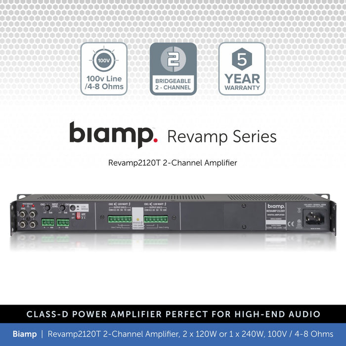 Biamp Revamp2120T 2-Channel Power Amplifier, 2 x 120W or 1 x 240W, 100V / 4-8 Ohms