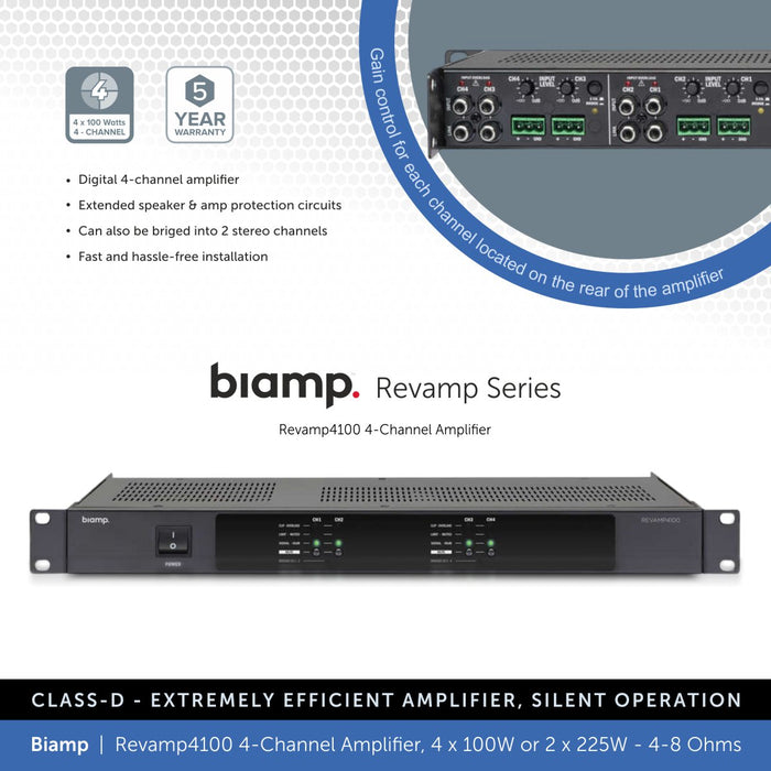 Biamp Revamp4100 4-Channel Power Amplifier 4 x 100W or 2 x 225W, 4-8 Ohms