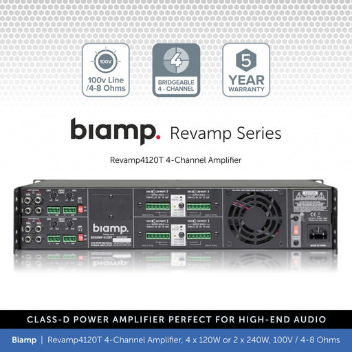 Biamp Revamp4120T 4-Channel Power Amplifier, 4 x 120W or 2 x 240W, 100V / 4-8 Ohms