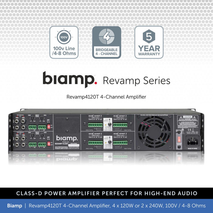 Biamp Revamp4120T 4-Channel Power Amplifier, 4 x 120W or 2 x 240W, 100V / 4-8 Ohms