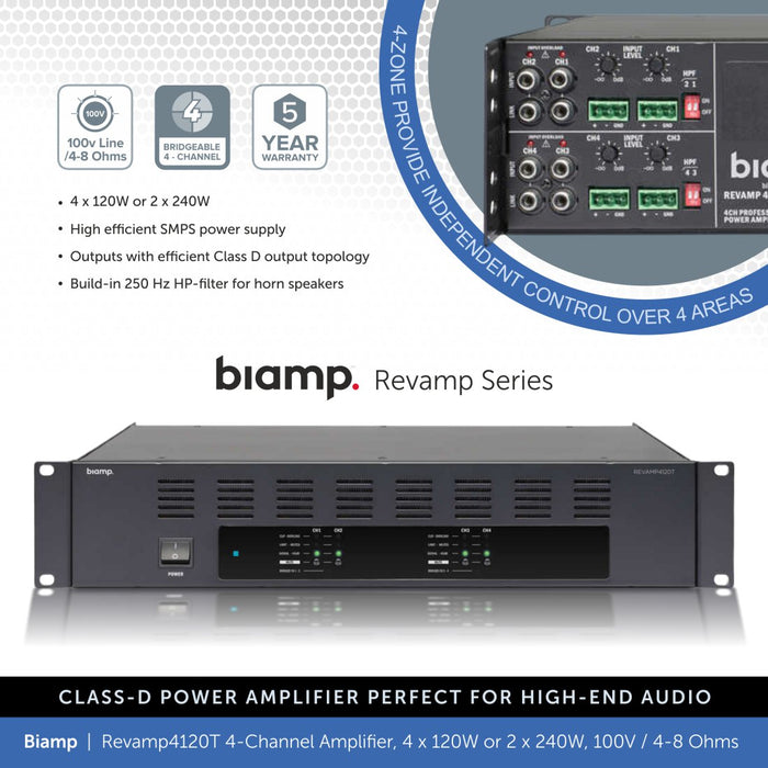 Biamp Revamp4120T 4-Channel Power Amplifier, 4 x 120W or 2 x 240W, 100V / 4-8 Ohms