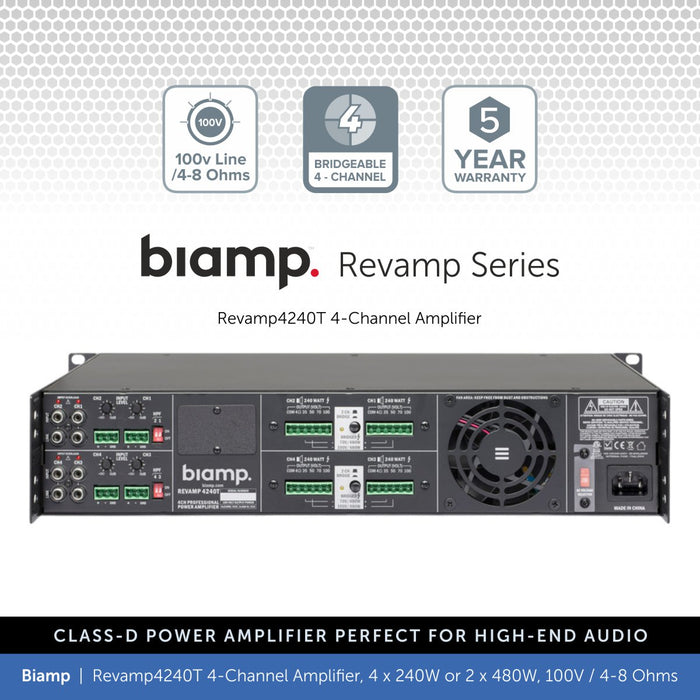 Biamp Revamp 4240T 4-Channel Power Amplifier, 4x240W or 2x480W, 100V/4-8 Ohms