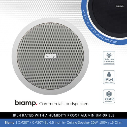 Biamp CM20T / CM20T-BL 6.5" Ceiling Speaker 20W, 100V/16 Ohm, IP54 Rated