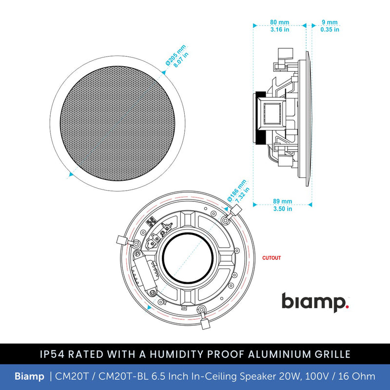 Biamp CM20T / CM20T-BL 6.5" Ceiling Speaker 20W, 100V/16 Ohm, IP54 Rated