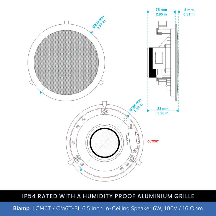 Biamp CM6T / CM6T-BL 6.5" Ceiling Speaker 6W, 100V/16 Ohm, IP54 Rated